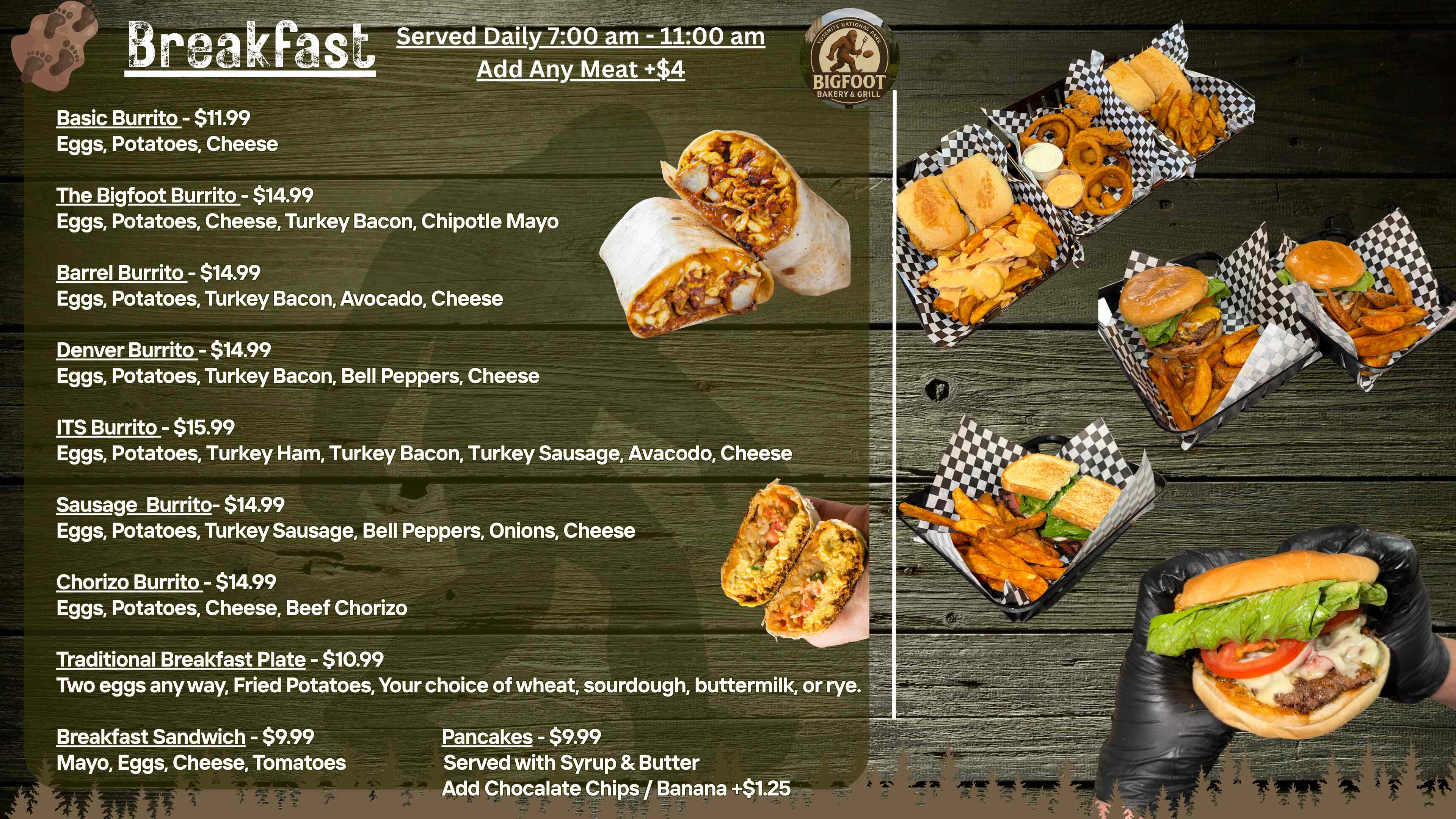 Bigfoot Bakery & Grill breakfast menu featuring burritos, breakfast plates, sandwiches, and pancakes