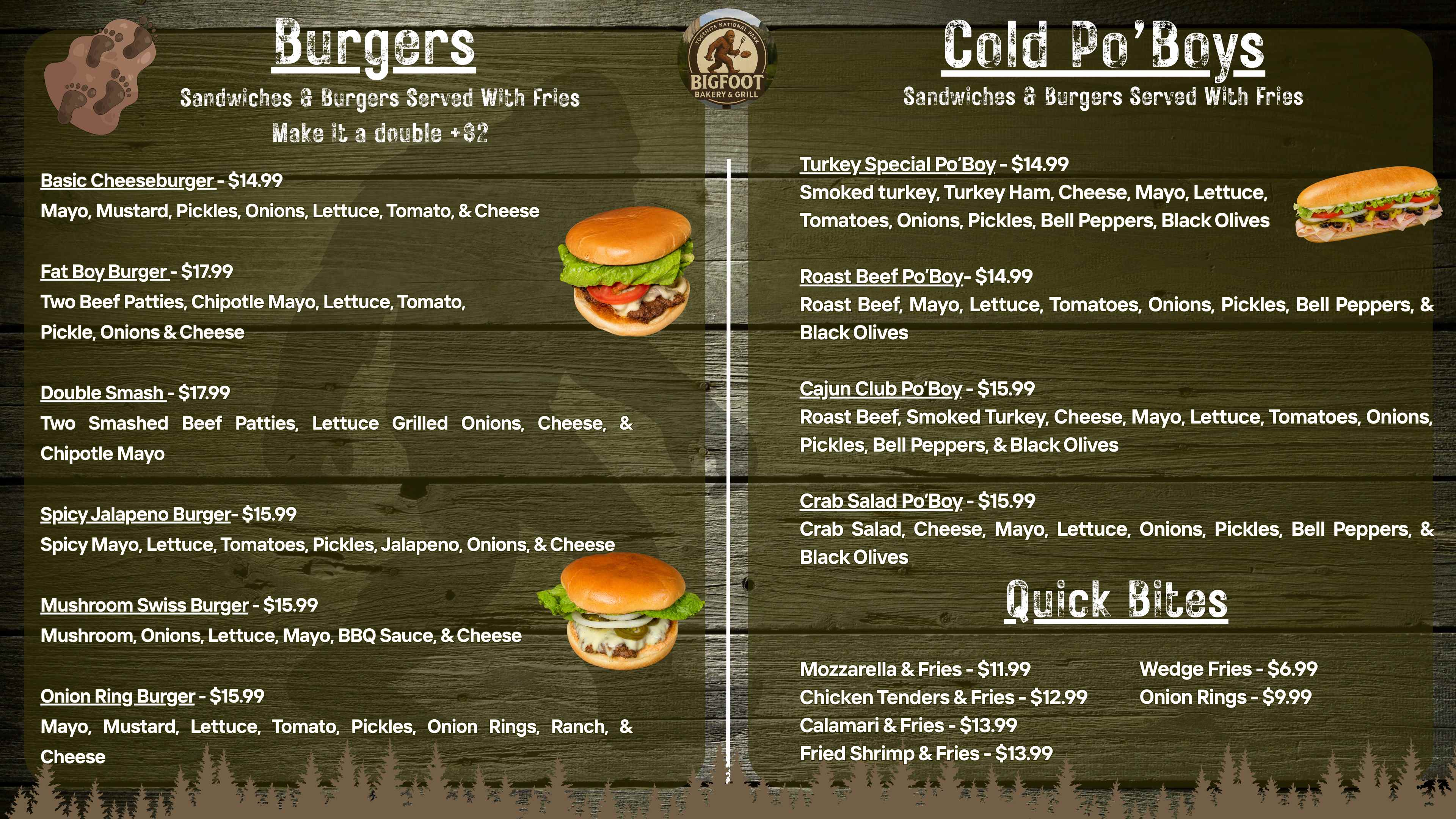Bigfoot Bakery & Grill menu featuring burgers, cold Po'Boys, and Quick Bites