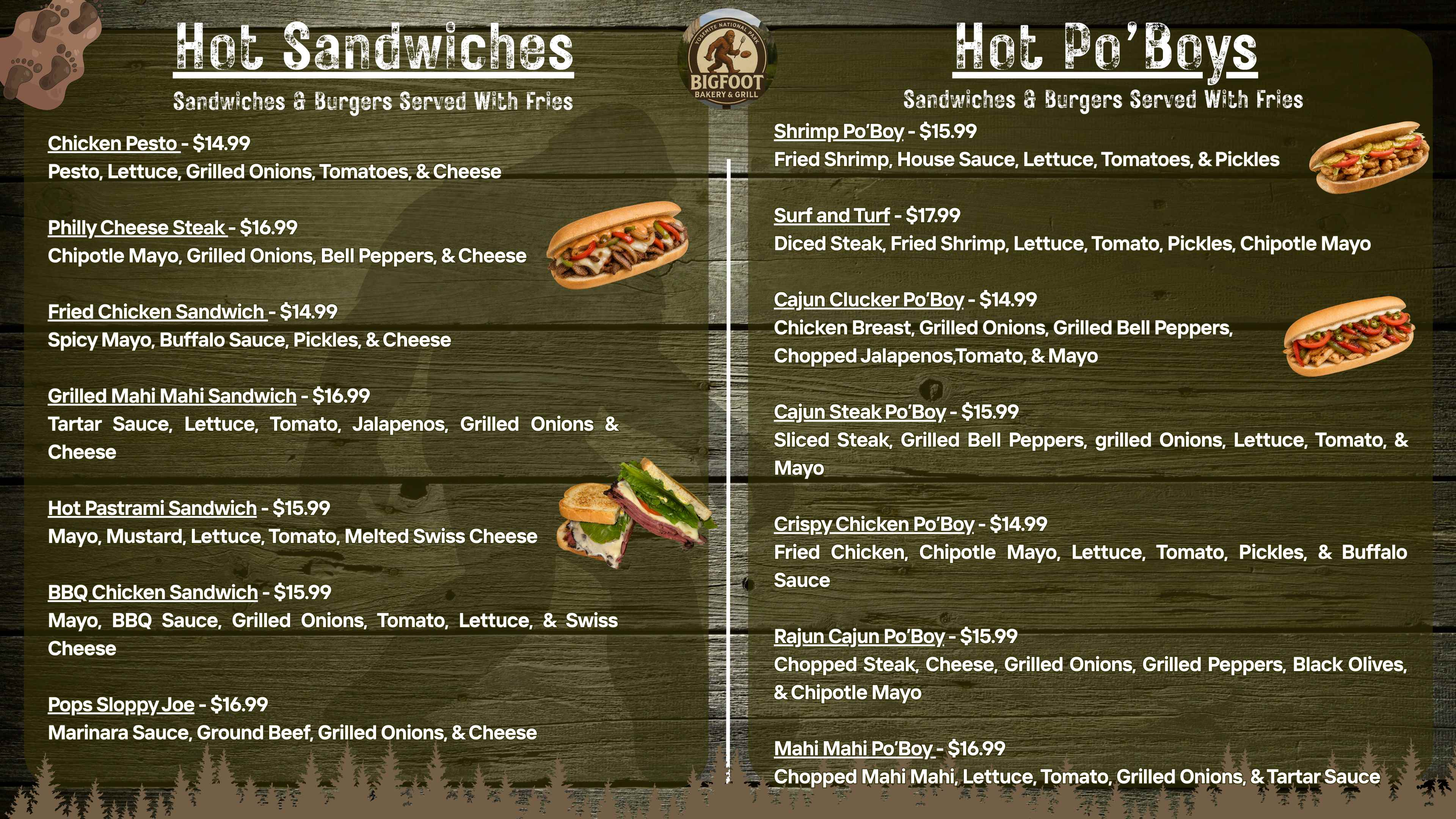Bigfoot Bakery & Grill menu featuring hot sandwiches and hot Po'Boys